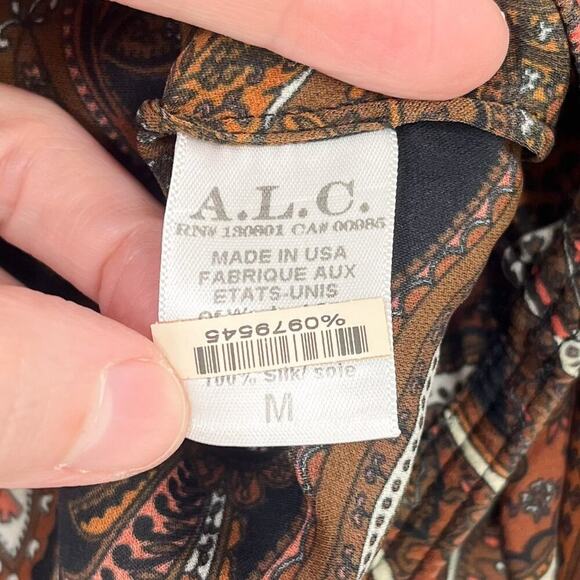 A.L.C. Racci Print Silk Blouse Sheer Long Sleeve Paisley Size Medium Brown Black - Picture 11 of 16
